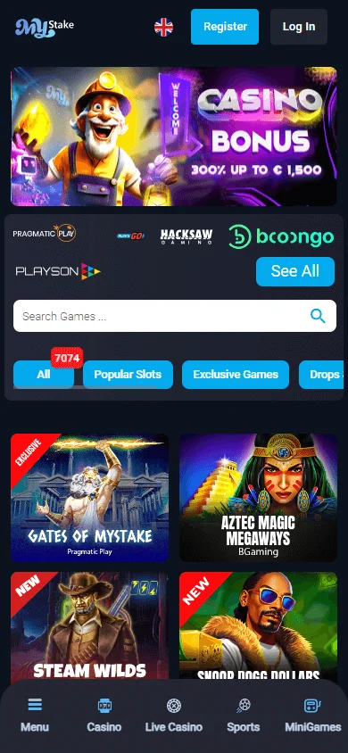 MyStake Casino games screen on mobile