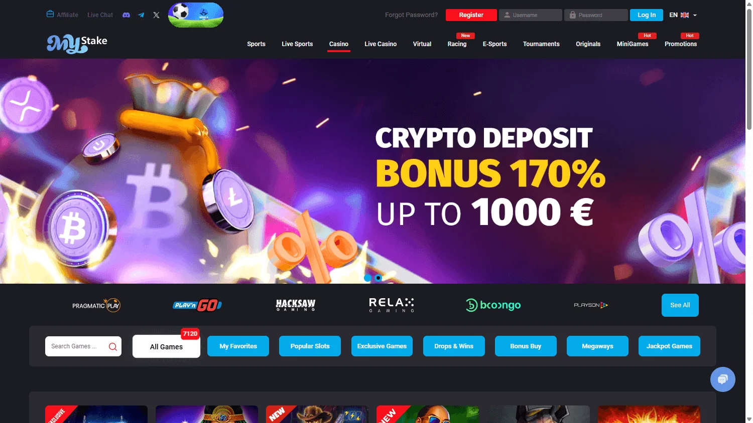 MyStake Casino games screen on desktop