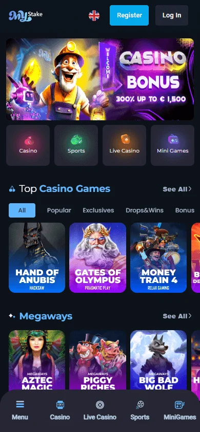 MyStake Casino home screen on mobile