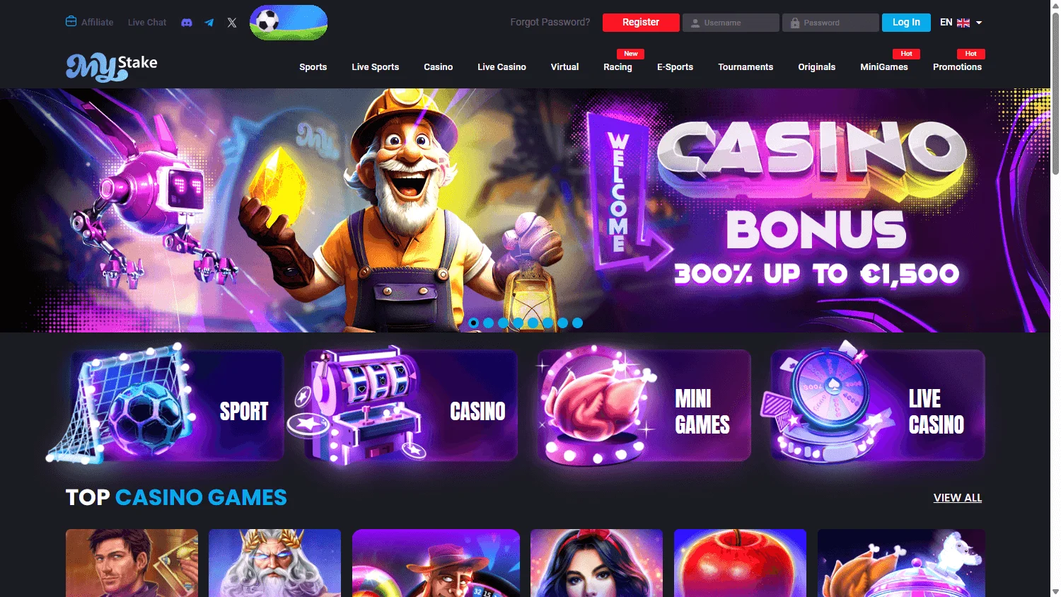 MyStake Casino home screen on desktop