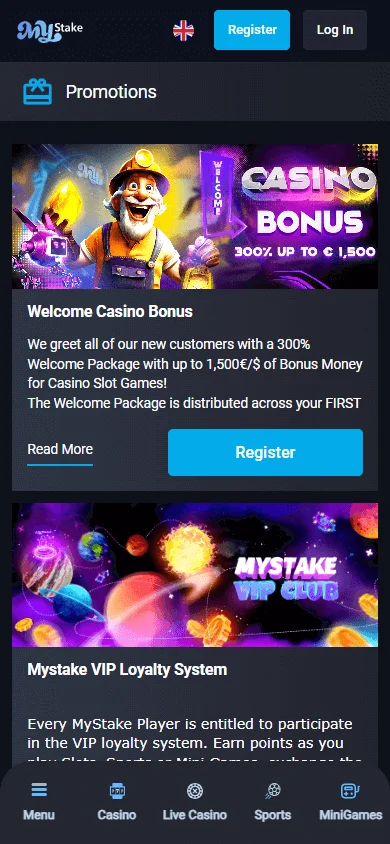 MyStake Casino promotions screen on mobile