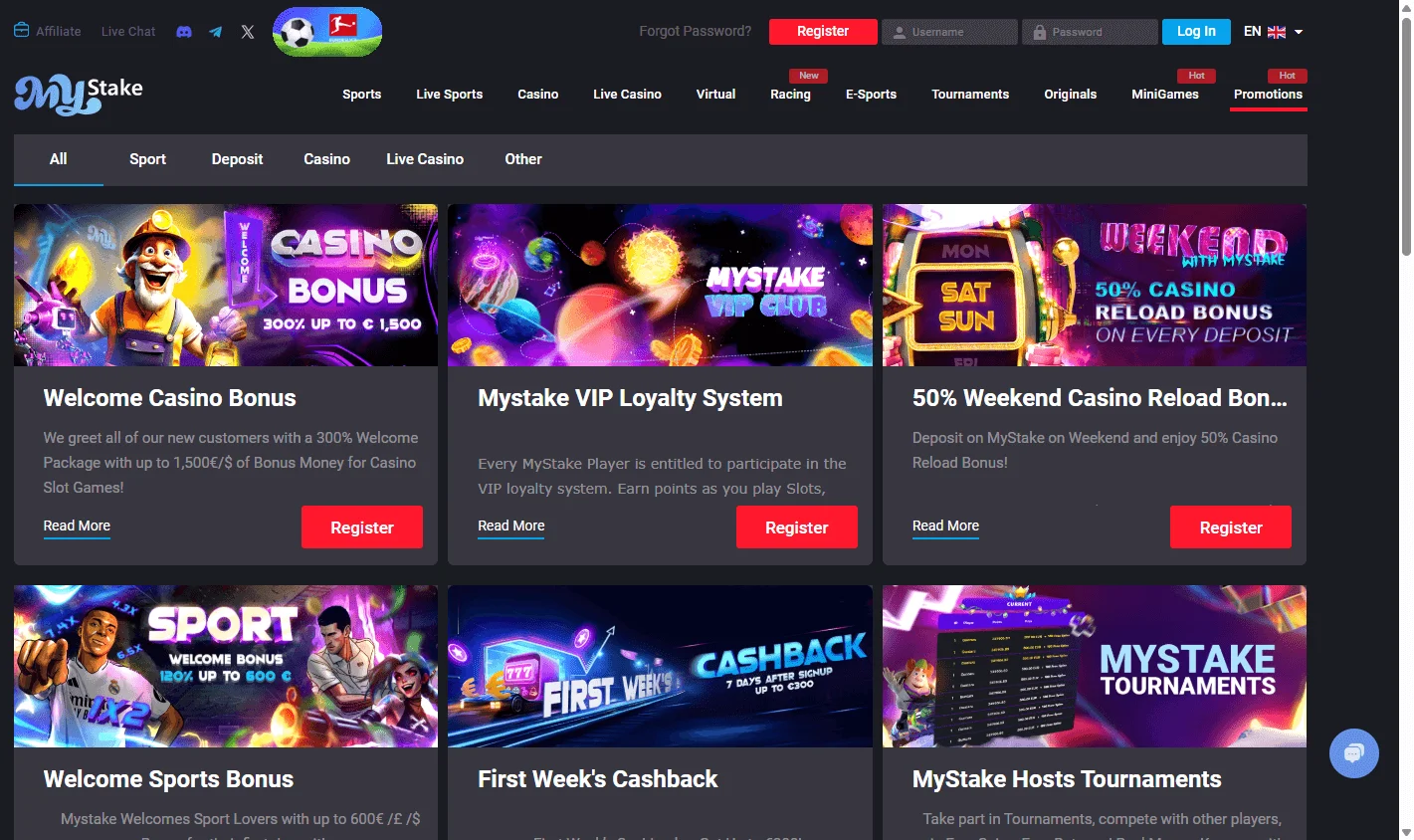 MyStake Casino promotions screen on desktop